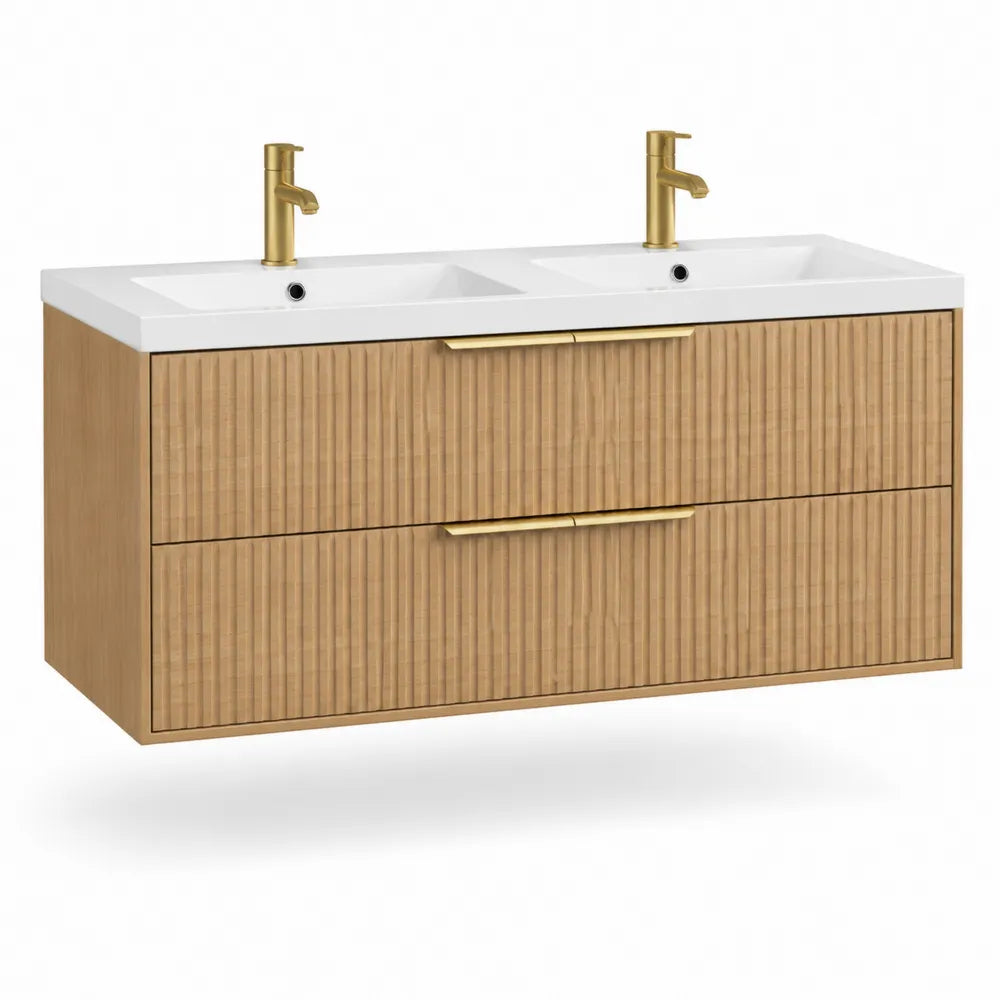 Waschtischunterschrank Doppelwaschbecken 120 x 50 x 50 cm Eiche Hell Weiß Keramik Gold Armaturen wandhängend mit Schubladen