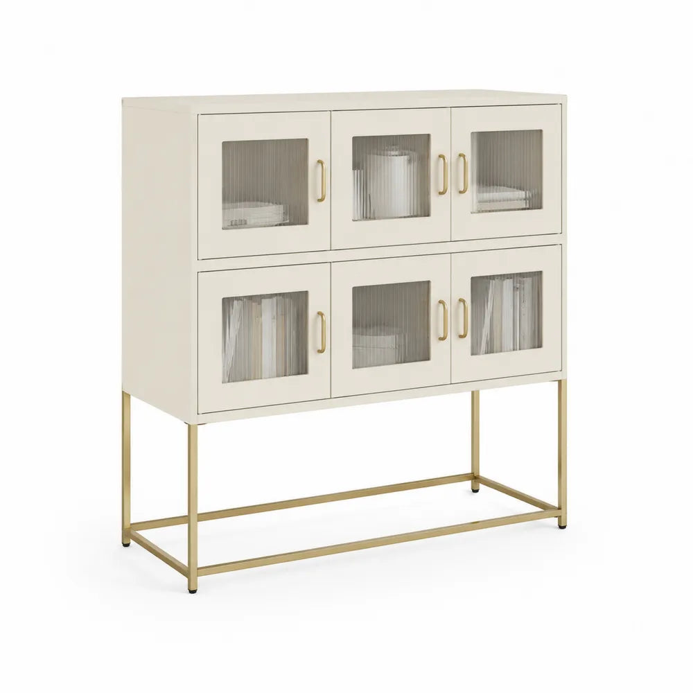 Sideboard Kommode mit 6 Türen geriffeltes Glas MDF Spanplatte Creme Beige Gold Metallrahmen 140 x 40 x 95 cm