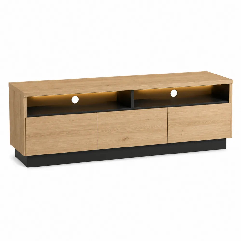TV Lowboard 180x40x50 cm rechteckig Eiche Holzdekor Schwarz mit LED Beleuchtung 3 Türen offene Fächer