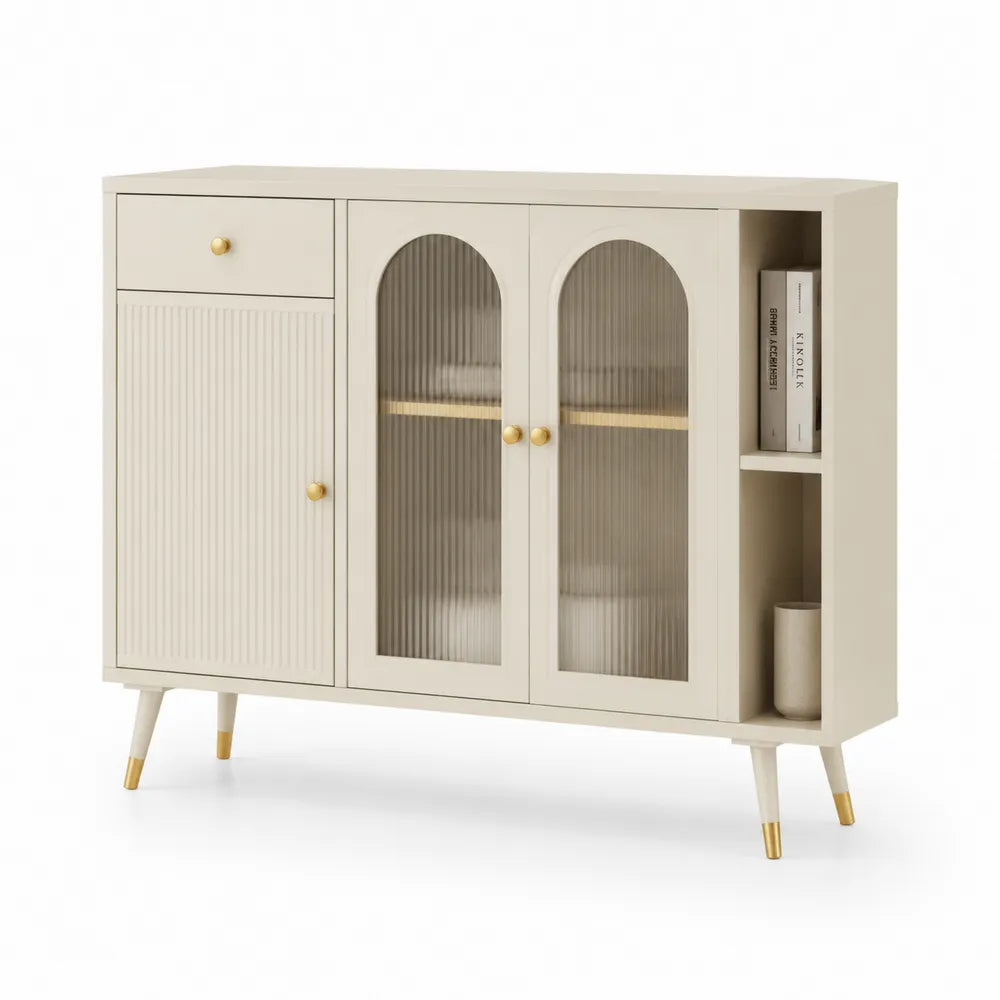 Sideboard Kommode mit 1 Schublade 1 Tür 2 Glastüren 1 Offennische MDF Spanplatte Riffelglas Beige Gold 140 cm 35 cm 85 cm Metallbeine