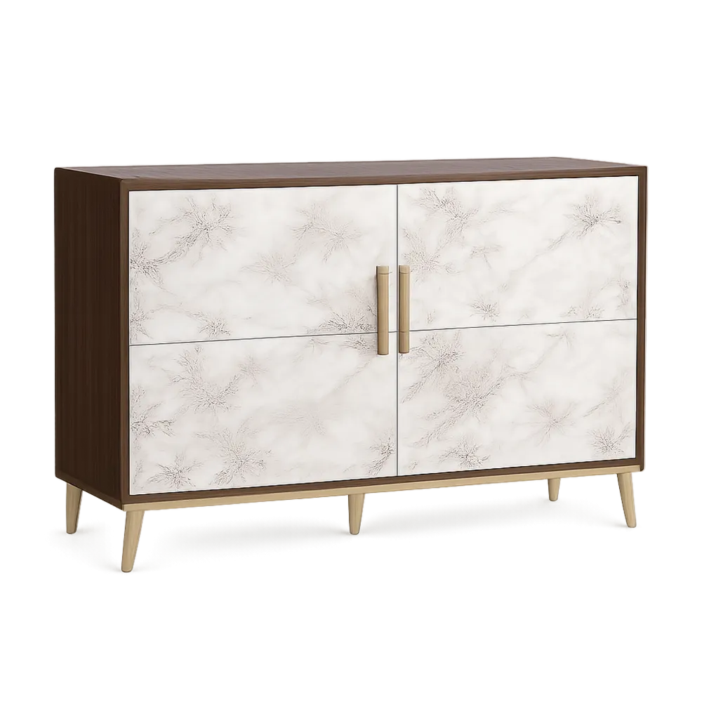 Sideboard Kommode mit 2 Türen MDF Spanplatte Marmoroptik Walnuss Holz Gold Metallbeine 140 x 40 x 80 cm