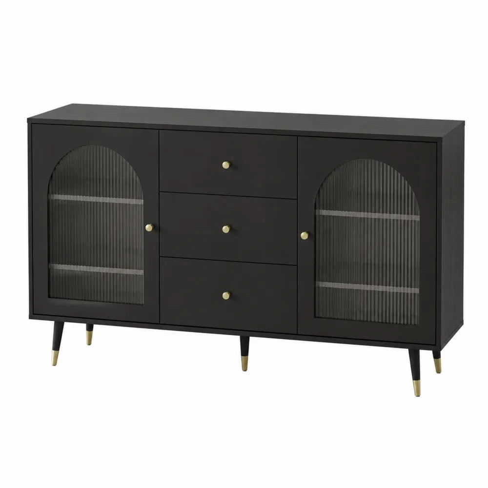 Sideboard Kommode mit 2 Glastüren 3 Schubladen MDF Holzwerkstoff Schwarz geriffeltes Glas Gold rechteckig 140 cm x 40 cm x 80 cm