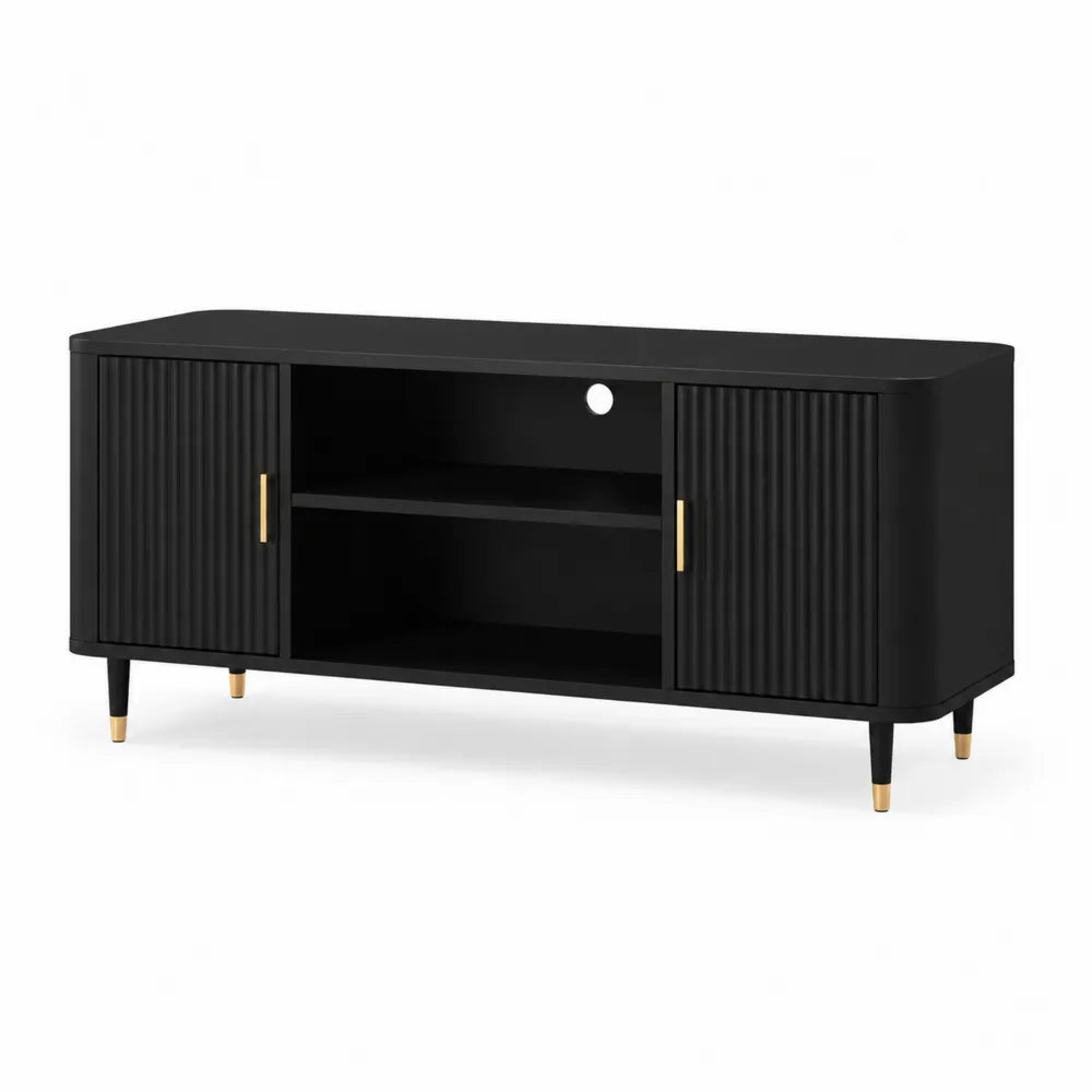 TV Lowboard 150 x 40 x 50 cm mit 2 Türen Lamellenfront und offenem Fach Schwarz Holzwerkstoff Metallfüße Gold rechteckig