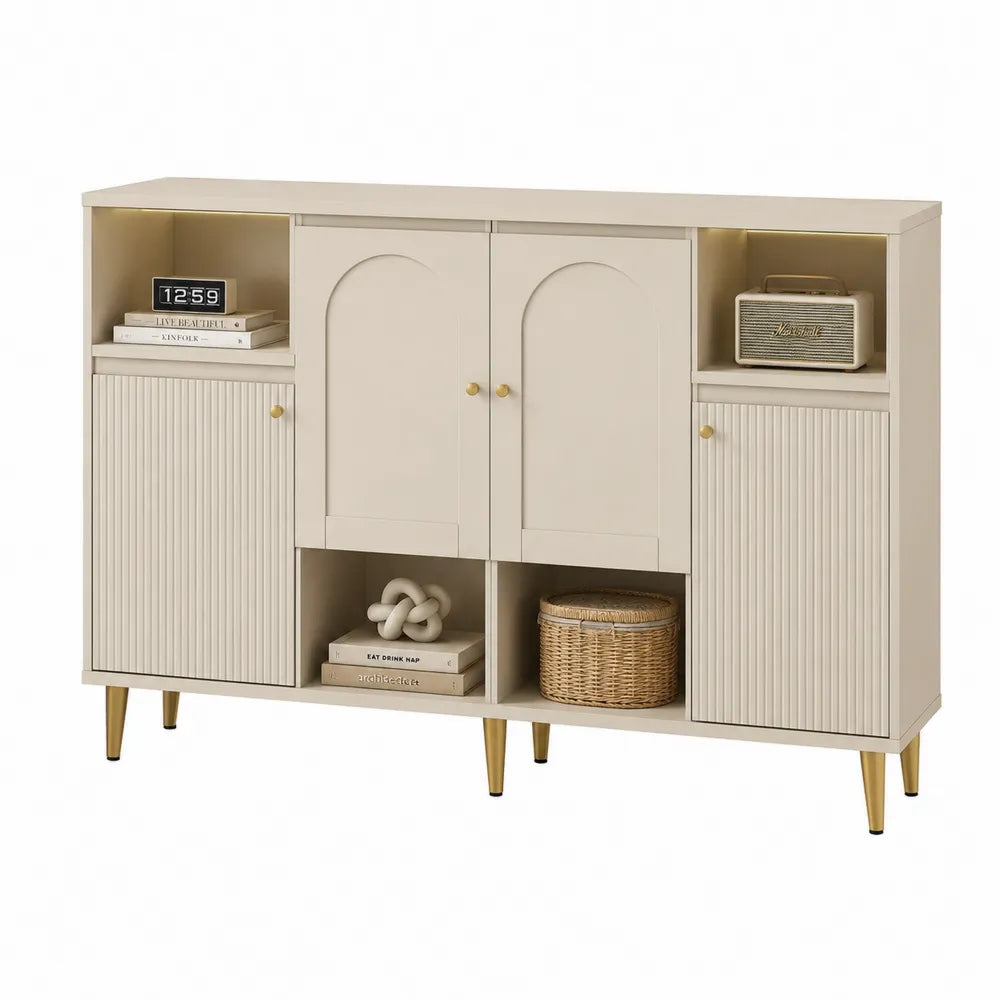 Sideboard Kommode 140 x 35 x 80 cm mit LED Beleuchtung MDF Melaminbeschichtet Türen Rillenfront Beige Gold rechteckig