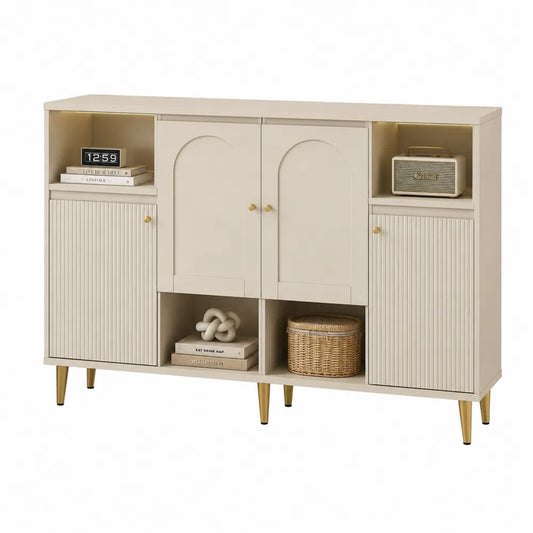 Sideboard Kommode 140 x 35 x 80 cm mit LED Beleuchtung MDF Melaminbeschichtet Türen Rillenfront Beige Gold rechteckig