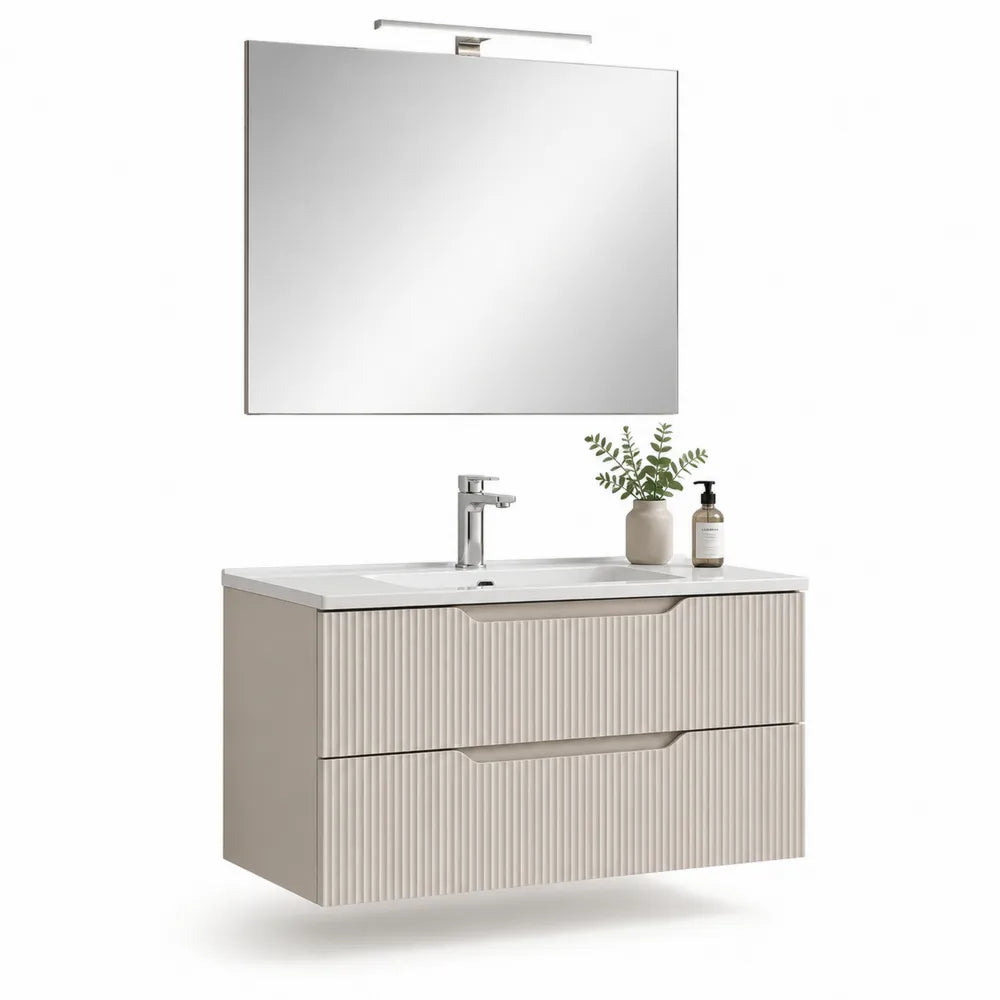 Waschtischunterschrank 100 x 46 x 58 cm MDF geriffelt Beige Weiß mit Keramikwaschbecken Spiegel und LED Leuchte wandmontiert