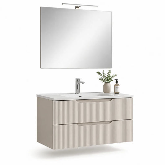 Waschtischunterschrank 100 x 46 x 58 cm MDF geriffelt Beige Weiß mit Keramikwaschbecken Spiegel und LED Leuchte wandmontiert