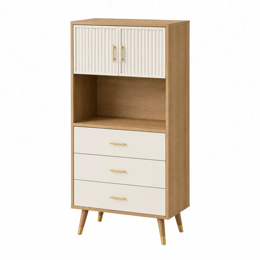 Sideboard 80 x 40 x 160 cm mit Türen und 3 Schubladen MDF Eichenoptik Weiß Gold rechteckig