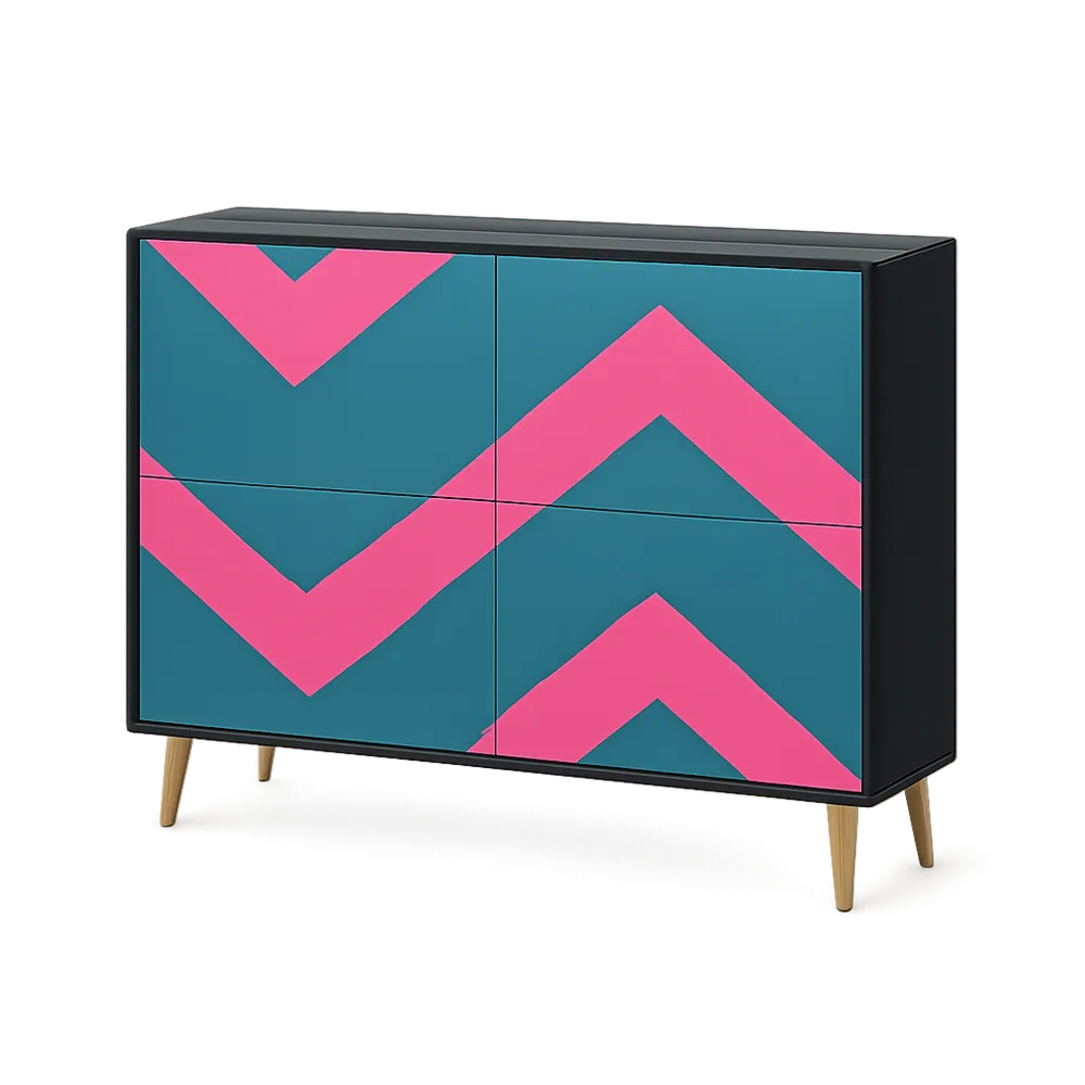 Sideboard Kommode Schrank mit 4 Türen MDF Spanplatte Melaminharzbeschichtet UV-Druck Front Schwarz Türkis Pink Holzbeine 120 x 40 x 80 cm