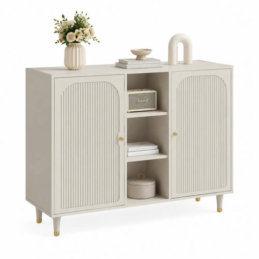 Sideboard mit 2 Türen und offenen Fächern Rillenfront MDF rechteckig Cremeweiß Gold 120 x 40 x 95 cm