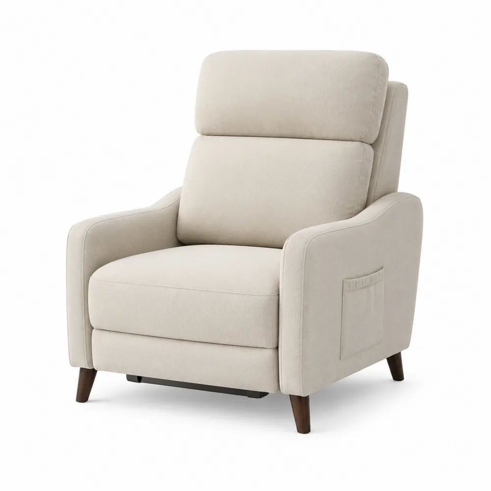 Sessel Relaxsessel 75x85x105 cm Beige rechteckig mit hoher Rückenlehne Seitentasche Holzfüße Polyestergewebe