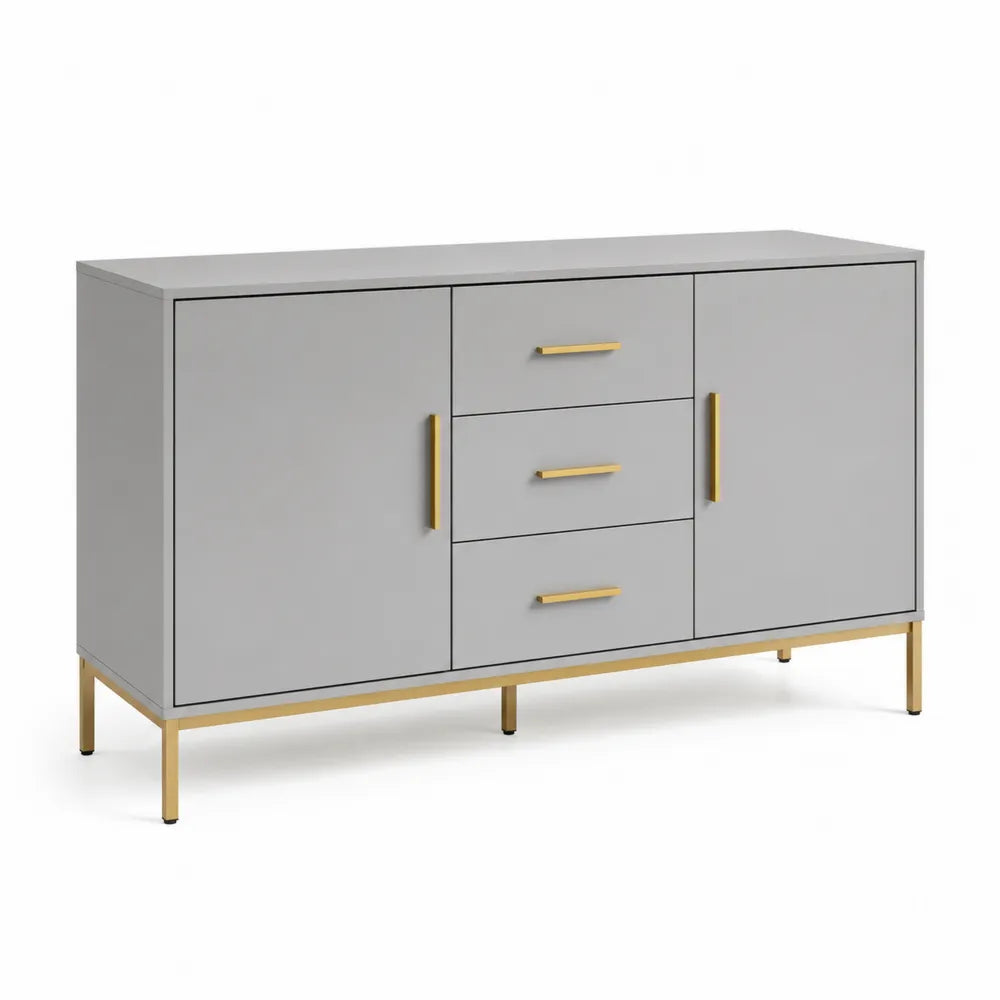 Sideboard Kommode mit 2 Türen 3 Schubladen MDF Spanplatte Melaminbeschichtet Grau Gold Metallbeine 140 x 40 x 80 cm