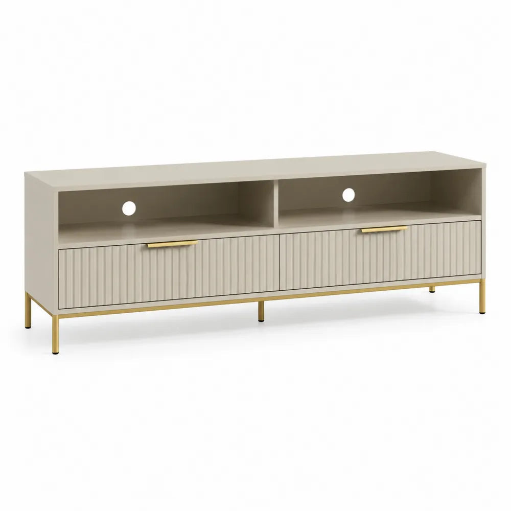 TV Lowboard Fernsehschrank 180 x 40 x 50 cm mit 2 offenen Fächern 2 Klapptüren Kabelöffnungen MDF geriffelt Beige Goldfarben Schwarz