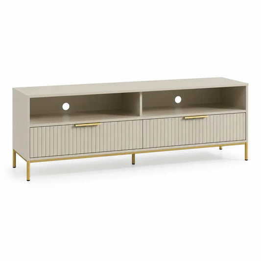 TV Lowboard Fernsehschrank 180 x 40 x 50 cm mit 2 offenen Fächern 2 Klapptüren Kabelöffnungen MDF geriffelt Beige Goldfarben Schwarz
