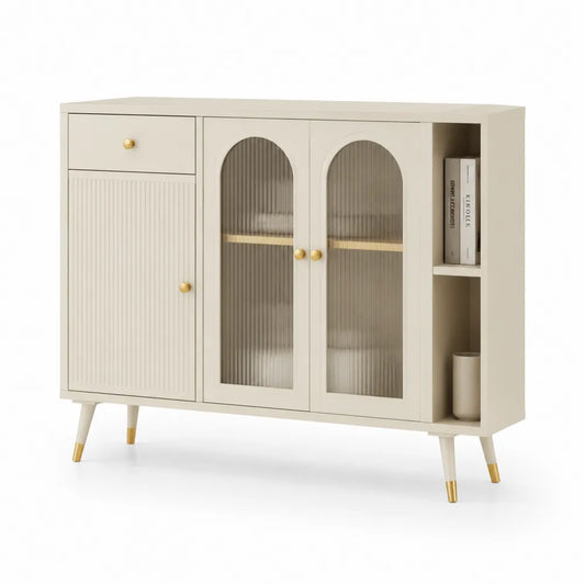 Sideboard Kommode mit 1 Schublade 1 Tür 2 Glastüren 1 Offennische MDF Spanplatte Riffelglas Beige Gold 140 cm 35 cm 85 cm Metallbeine
