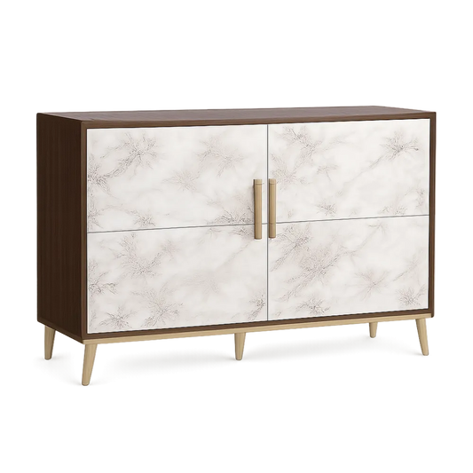 Sideboard Kommode mit 2 Türen MDF Spanplatte Marmoroptik Walnuss Holz Gold Metallbeine 140 x 40 x 80 cm