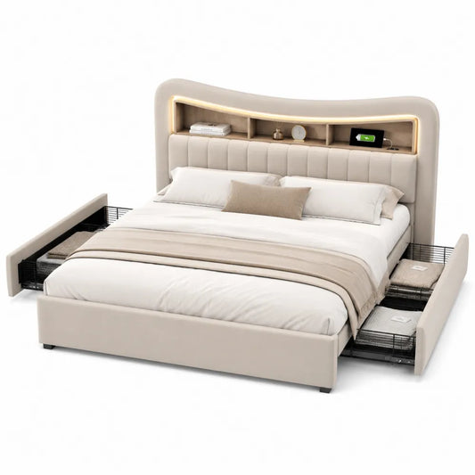 Polster Stauraumbett 180 x 200 cm Kopfteil mit Regal LED Stoffbezug Beige Metall Drahtschubladen