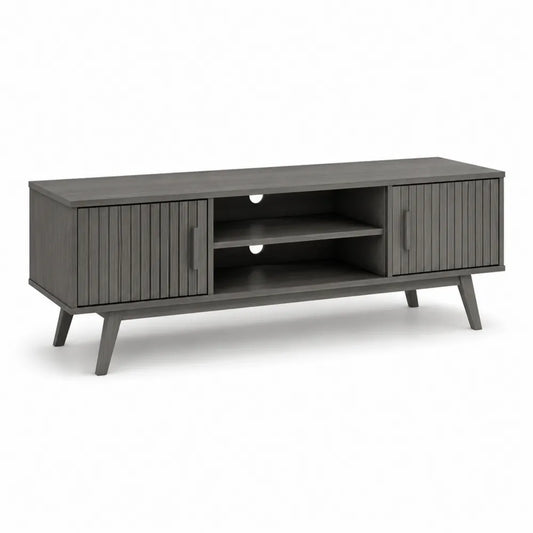 TV Lowboard 160 x 40 x 50 cm mit 2 Türen Lamellenfront und offenem Fach Grau rechteck Holzwerkstoff