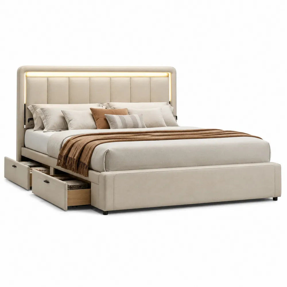 Stauraumbett 180 x 200 cm LED Kopfteil Bett mit Schubladen PU Kunstleder Beige MDF Sperrholz Stahlrahmen Doppelbett