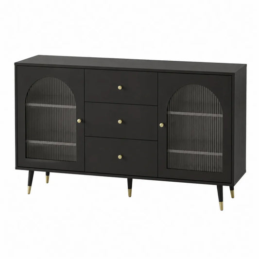 Sideboard Kommode mit 2 Glastüren 3 Schubladen MDF Holzwerkstoff Schwarz geriffeltes Glas Gold rechteckig 140 cm x 40 cm x 80 cm