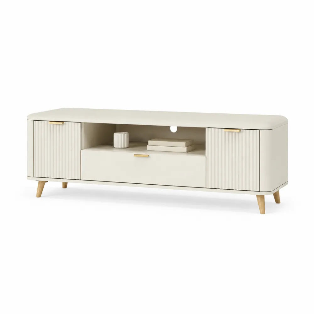 TV Lowboard 180x40x50 cm rechteckig Beige Naturholz Holzwerkstoff mit geriffelten Türen offenen Fach und Schublade